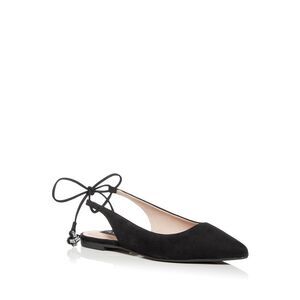 AQUA Womens Black Rhinestone Padded Pointed Toe Lace-Up Leather Ballet Flats 8